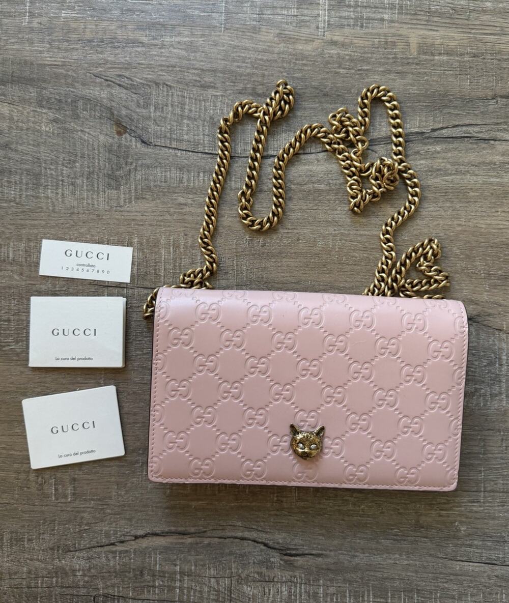 GUCCI Guccissima Linea Cat Chain Wallet Leather Pink